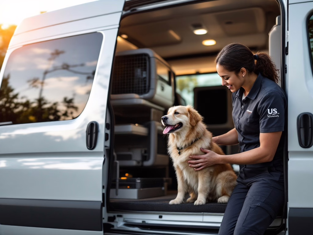 Professional pet transport specialist providing personalized care to a pet in a premium transport vehicle, demonstrating premium service features